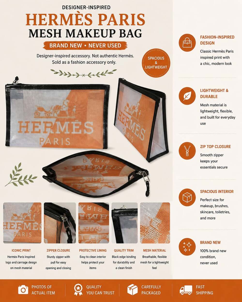 Designer-Inspired Hermès Paris Mesh Makeup Bag Pouch